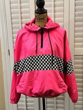 Orange Kiss Neon Pink Checkered Half-Zip Hooded Windbreaker